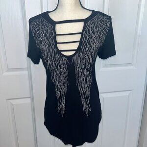 Angel Wings Cutout Top Women's Small Short Sleeve T Shirt Biker Moto Y2K